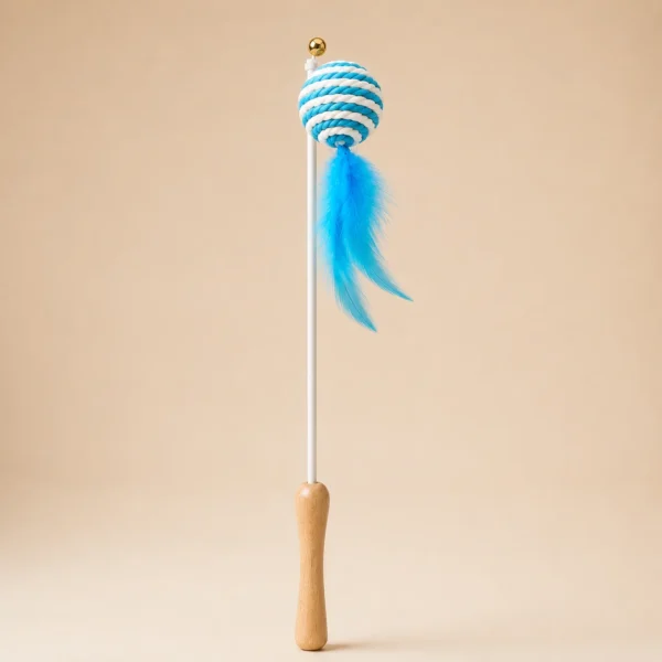 Cat feather wand toy with blue striped ball head and feathers