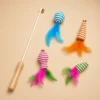 Cat feather wand toy with four swappable feather attachments: ball, cone, mouse and fish