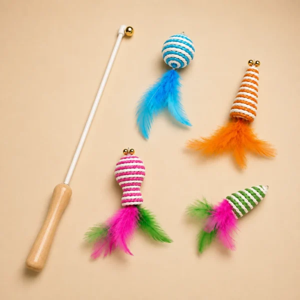 Cat feather wand toy with four swappable feather attachments: ball, cone, mouse and fish
