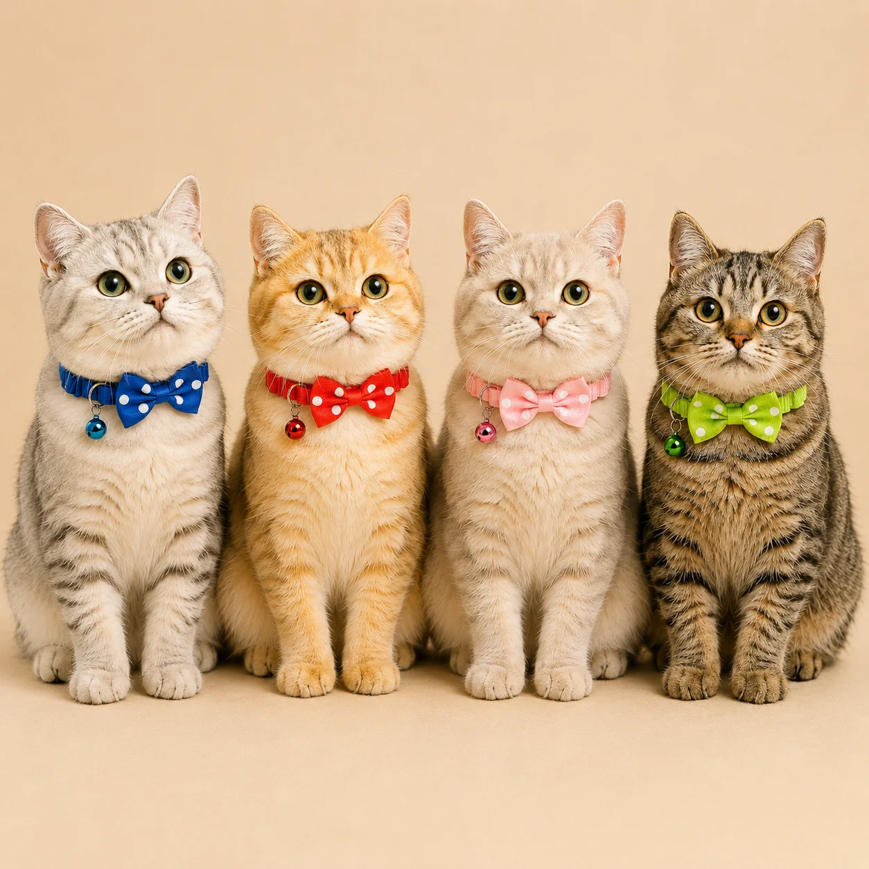 Four cats each wearing a different colour adjustable bow tie collar