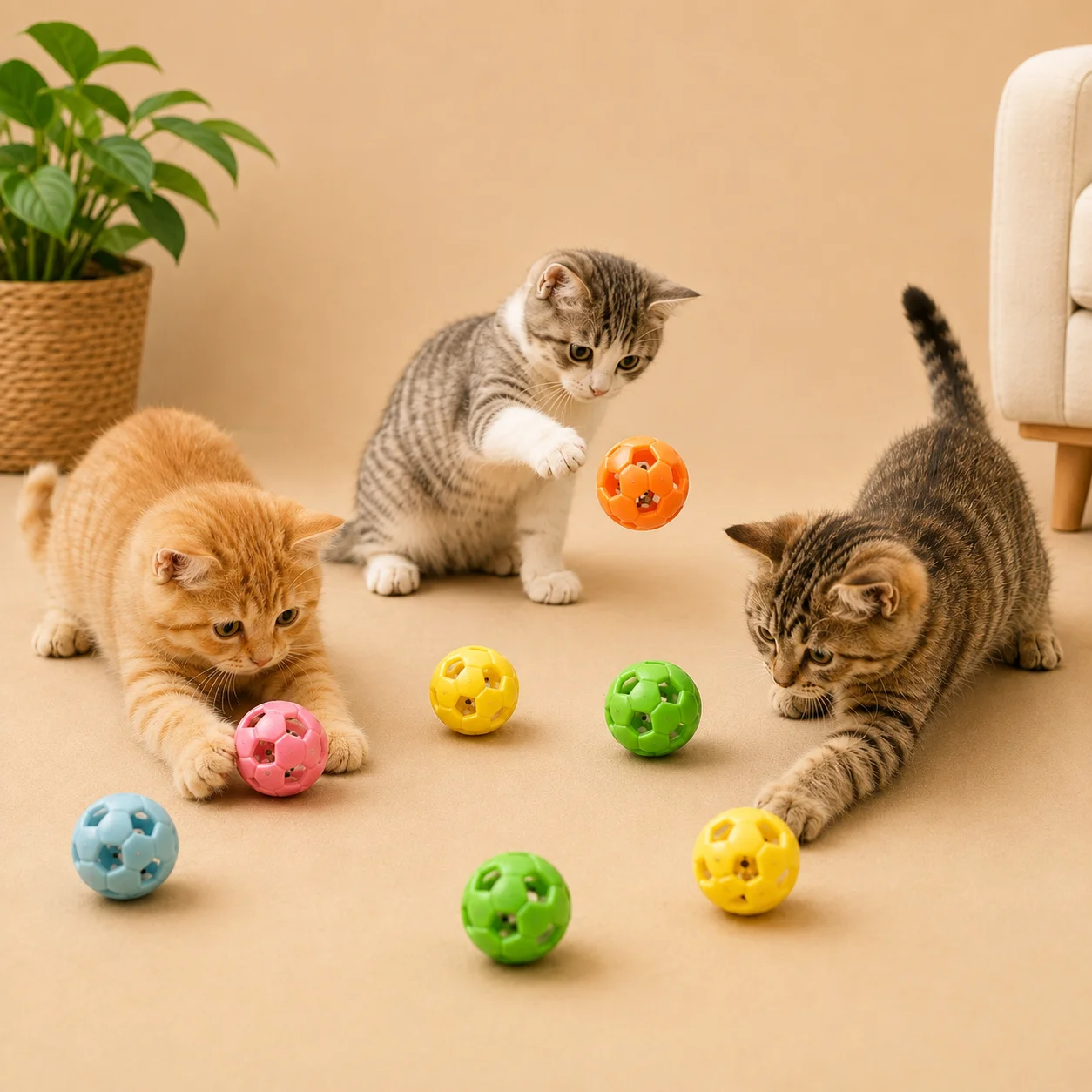 Three kittens playing with colorful bell balls for cats on the floor