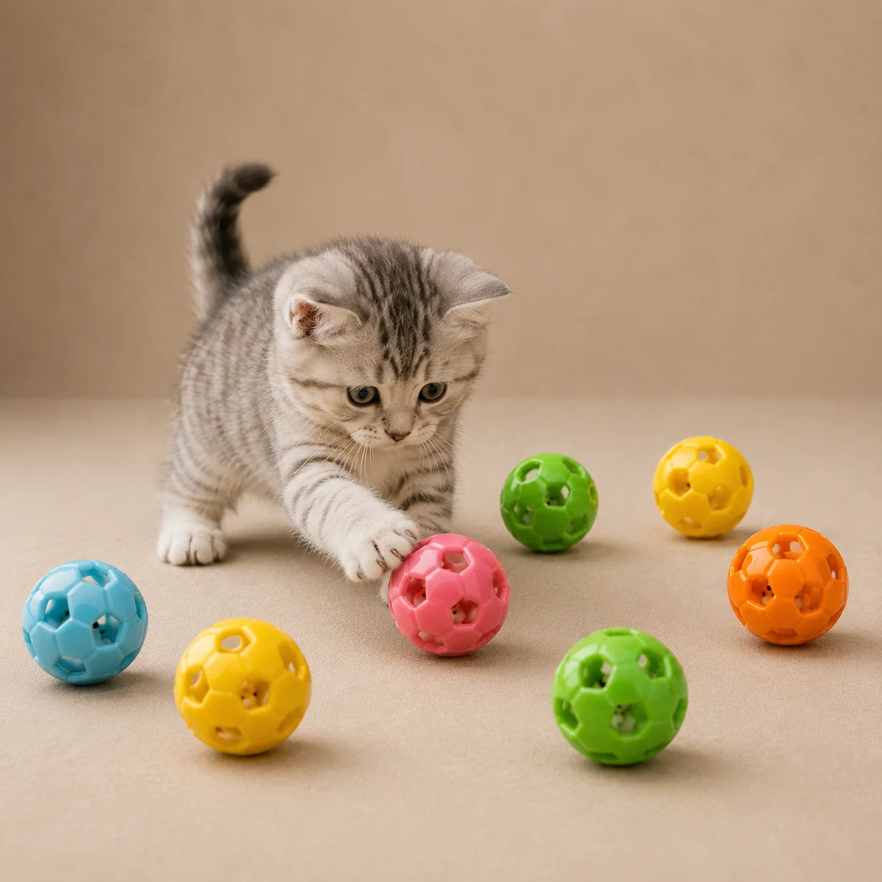 Kitten batting a pink bell ball with more colorful cat bell balls nearby