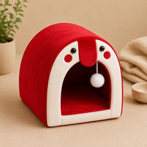 Red arched Cat Cave Bed with hanging pom-pom ball toy at entrance