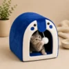 Kitten playing with pom-pom ball inside blue Cat Cave Bed
