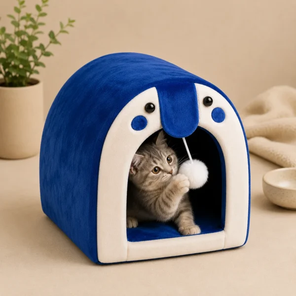 Kitten playing with pom-pom ball inside blue Cat Cave Bed