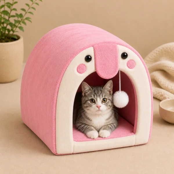Grey tabby kitten sitting inside pink Cat Cave Bed