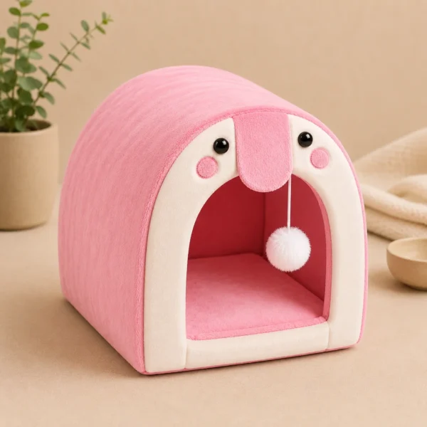 Empty pink arched Cat Cave Bed with hanging pom-pom ball toy