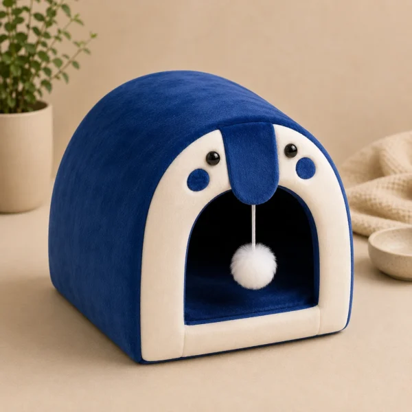 Empty blue arched Cat Cave Bed with hanging pom-pom ball toy