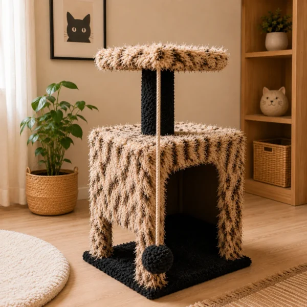 Leopard-print cat house with scratching post and hanging pom-pom ball toy