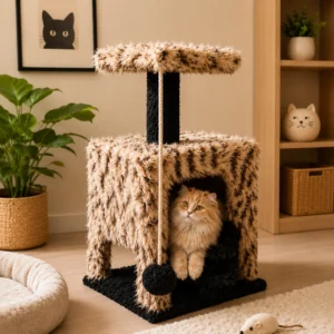 Fluffy orange cat sitting inside leopard-print cat house with scratching post