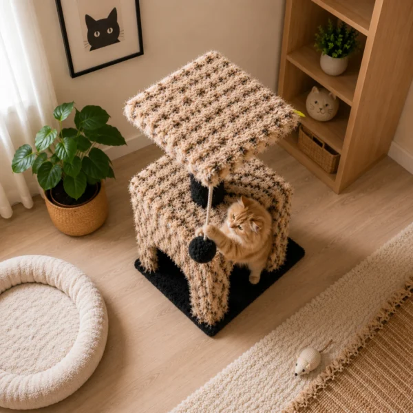 Orange cat playing with hanging pom-pom ball on cat house scratching post
