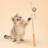 Grey tabby kitten reaching for cat teaser stick toy with feather