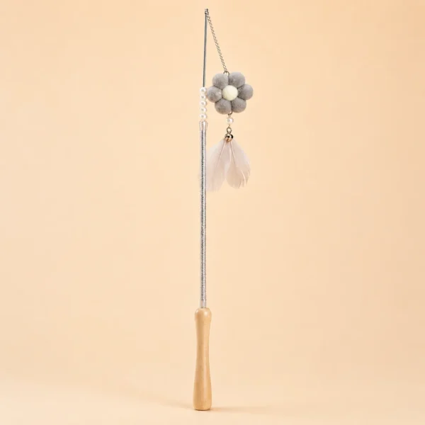 Cat teaser stick toy with wooden handle, felt flower and feather