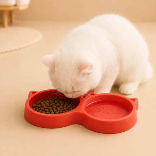 White cat eating from red Double Cat Food Bowl
