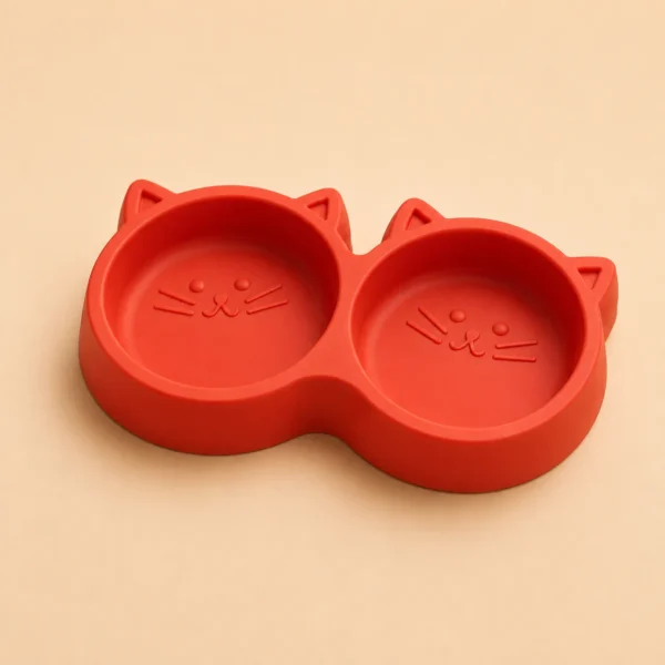 Empty red Double Cat Food Bowl, top view