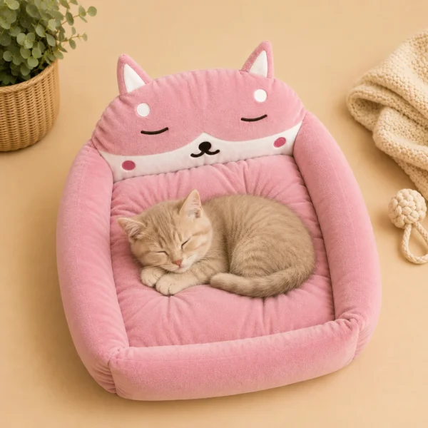 Pink fox-shaped cat bed with a kitten sleeping inside on a plush cushion