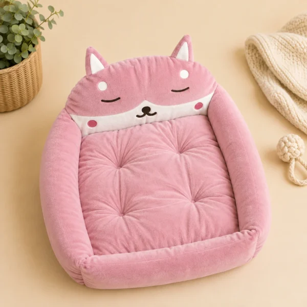 Empty pink fox-shaped cat bed showing tufted cushion and raised rim
