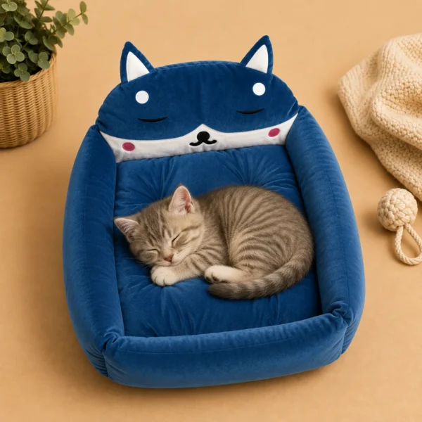 Blue fox-shaped cat bed with a striped kitten sleeping inside