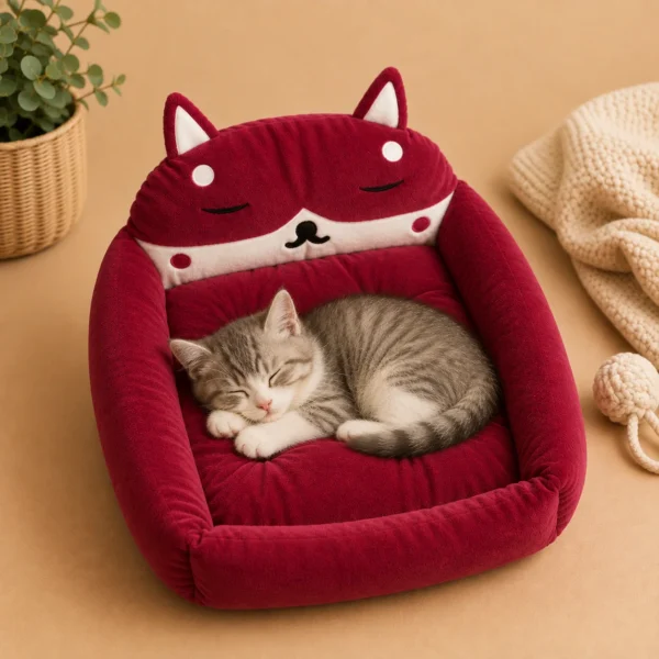 Maroon fox-shaped cat bed with a kitten sleeping inside