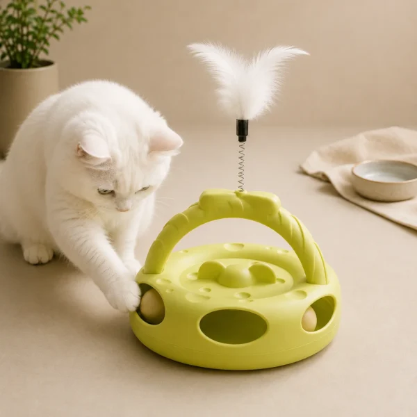 White cat playing with green Interactive Rolling Ball Cat Toy and feather wand
