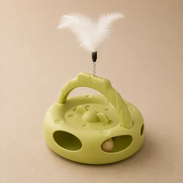 Interactive Rolling Ball Cat Toy with hidden ball tracks and feather wand