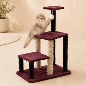 Kitten climbing Multi-Level Cat Tree Tower and reaching for hanging pom-pom ball