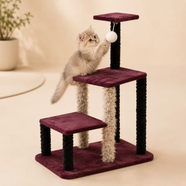 Kitten climbing Multi-Level Cat Tree Tower and reaching for hanging pom-pom ball