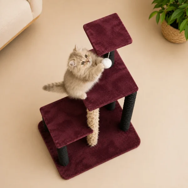 Kitten playing on middle platform of Multi-Level Cat Tree Tower