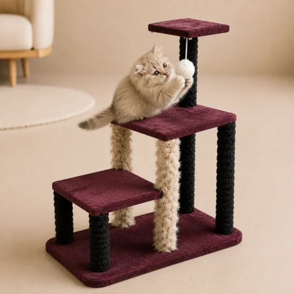 Kitten on Multi-Level Cat Tree Tower batting hanging pom-pom ball