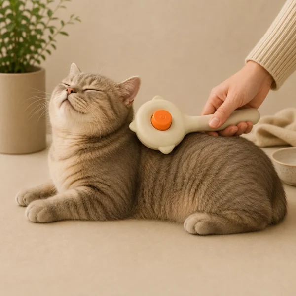Brushing a grey tabby cat with the Self-Cleaning Cat Grooming Brush
