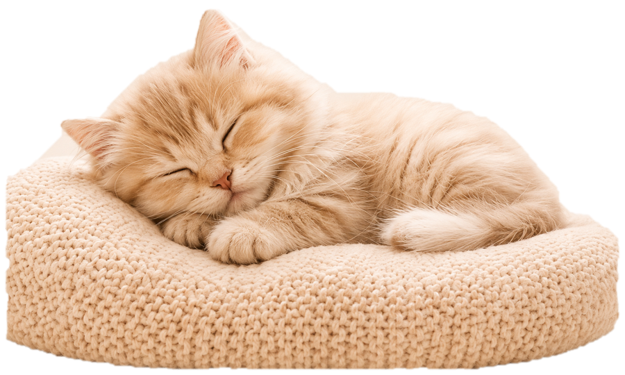 Sleeping ginger kitten curled up on a cream knit cushion